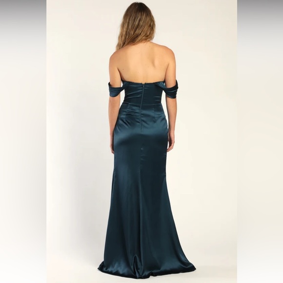 NWOT Lulus Stunning Arrival Dark Teal Satin Off-The- Shoulder Maxi Dress - Picture 4 of 8